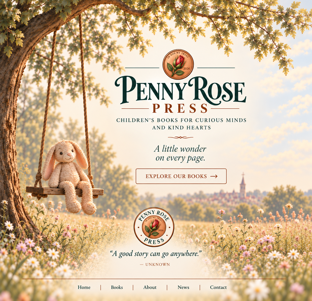 Penny Rose Press in a warm meadow scene with a stuffed rabbit on a wooden swing, a distant church steeple, the Penny Rose Press logos, the line A little wonder on every page, and the quote A good story can go anywhere.